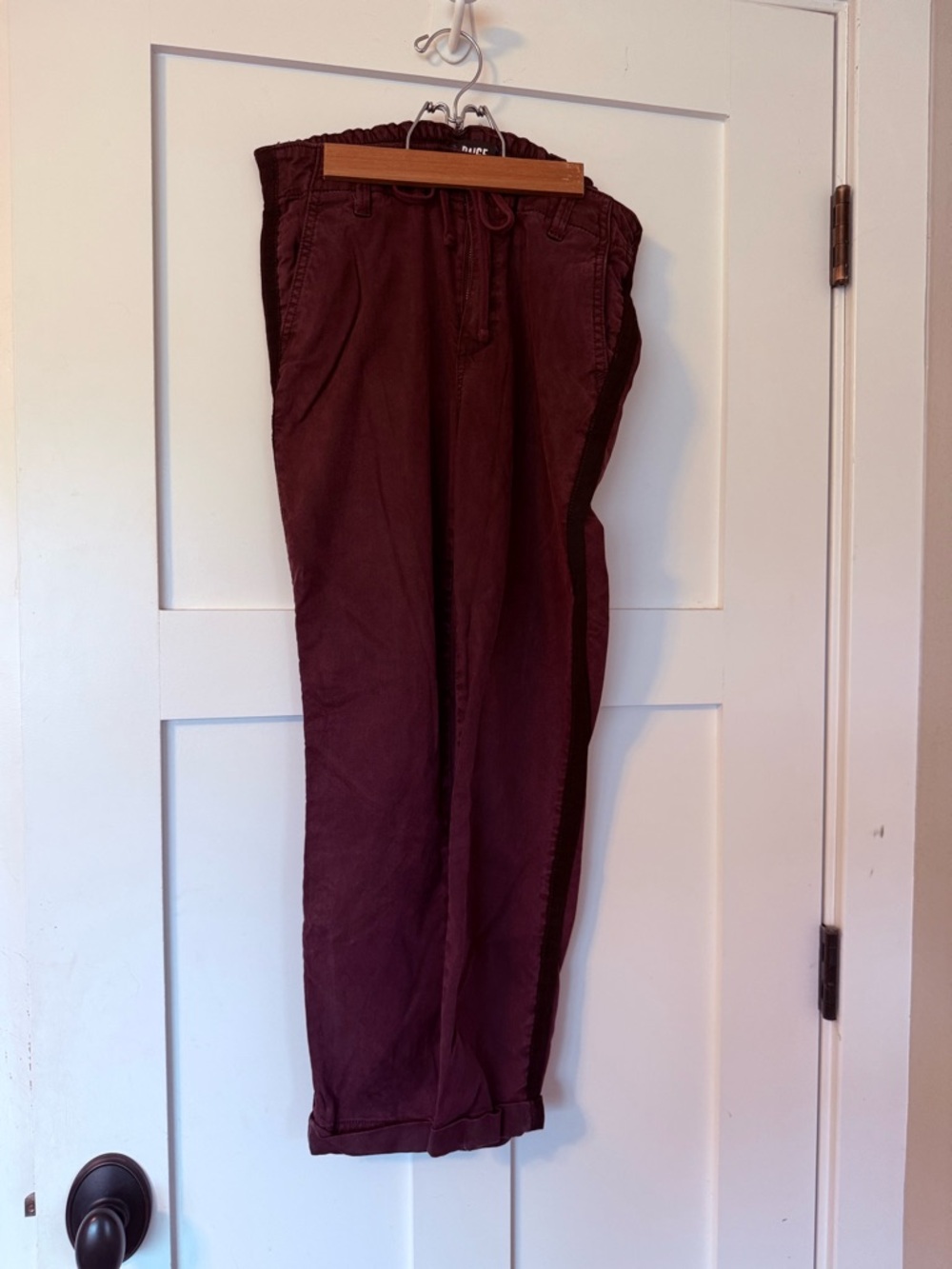 PAIGE Drawstring Chinos in Burgundy With Darker Stripe on Sides